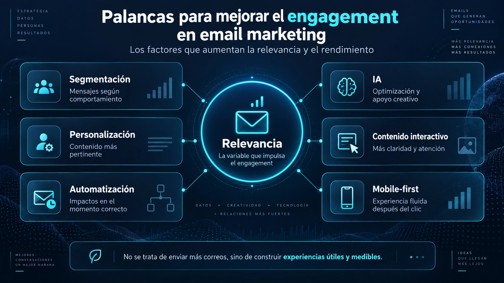 Estrategias para mejorar el engagement en email marketing: segmentación, personalización, automatización, IA, contenido interactivo y diseño móvil.