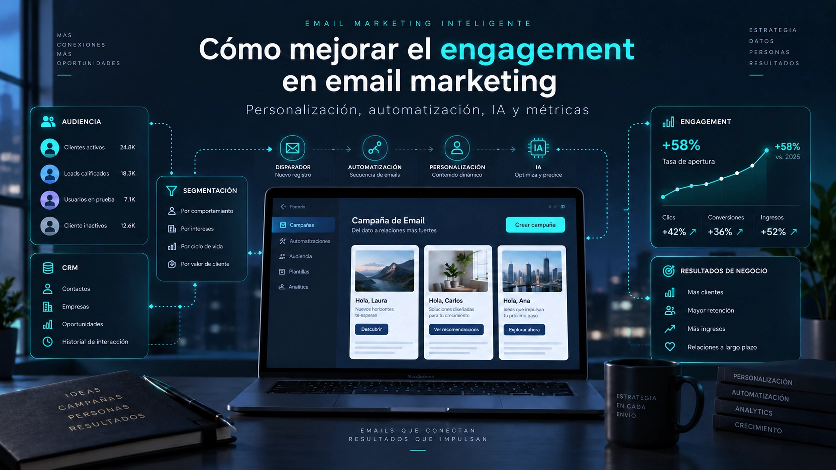 Estrategia de engagement en email marketing con CRM, segmentación, automatización, personalización e inteligencia artificial.