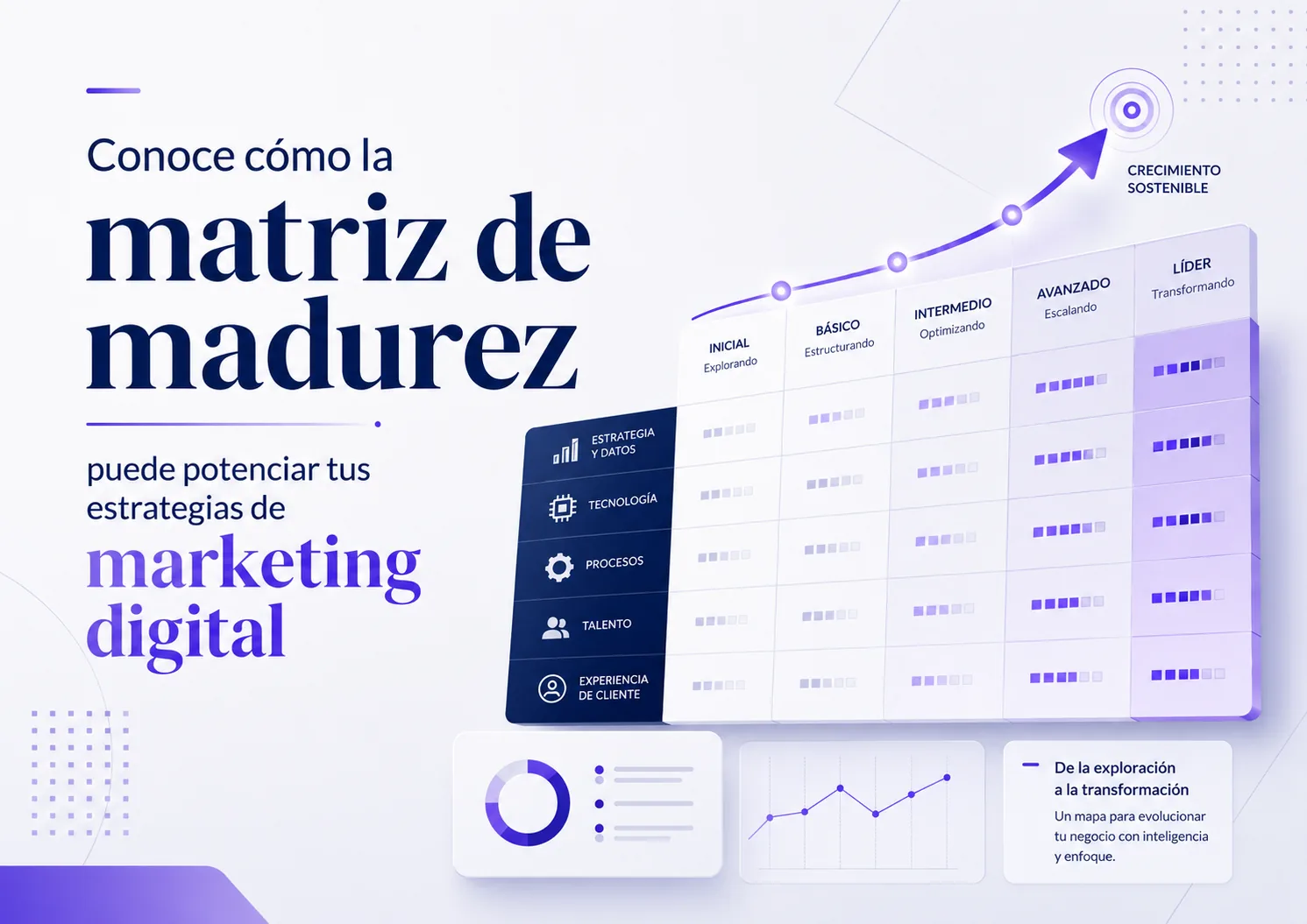 Imagen sobre matriz de madurez digital con niveles de evolución, estrategia, tecnología, procesos, talento y marketing digital.