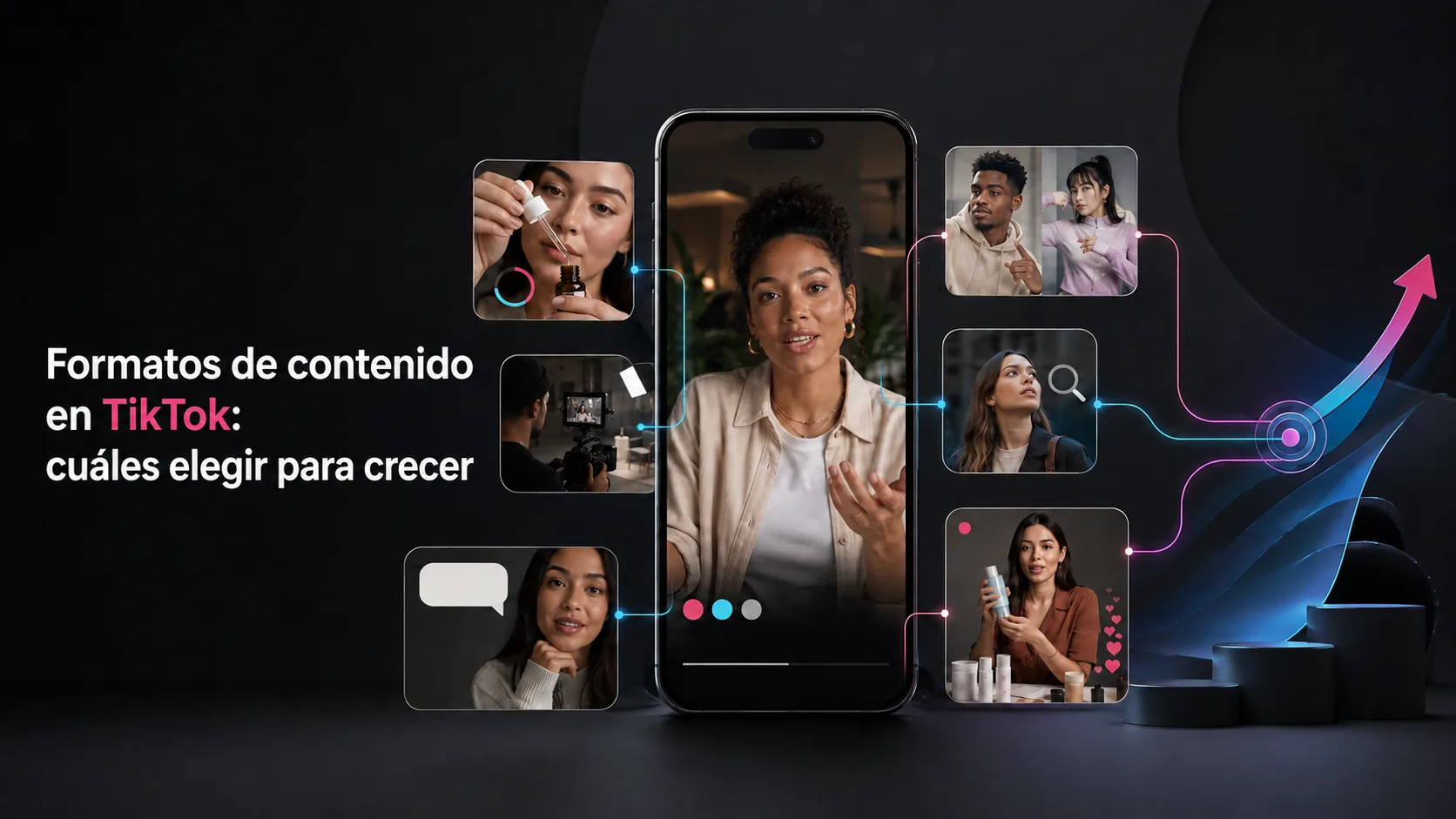 Imagen sobre formatos de contenido en TikTok para marcas, con tutoriales, creadores, búsquedas, transmisiones en vivo y métricas de crecimiento.