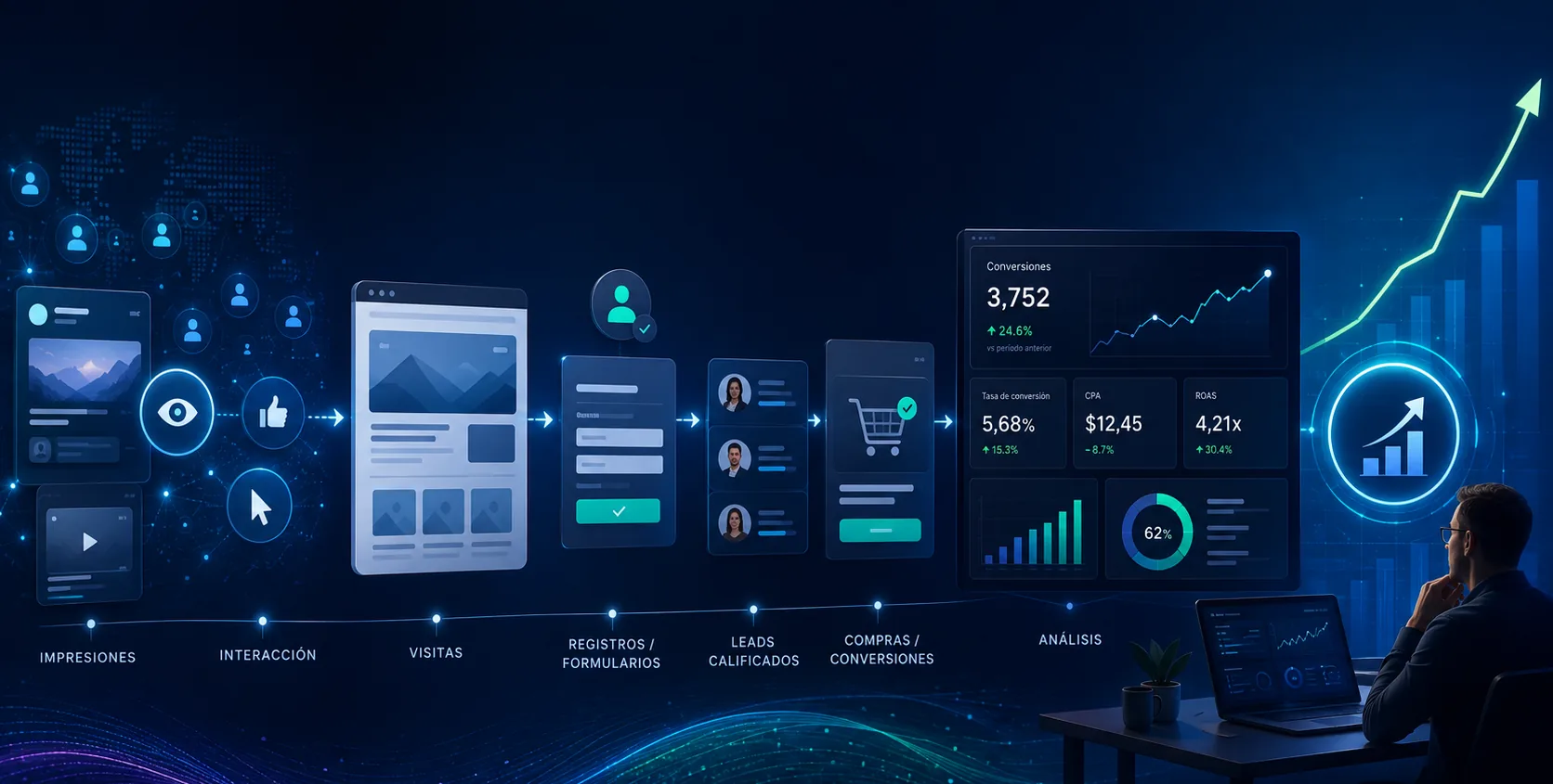Recorrido de una conversión en marketing digital desde la interacción del usuario hasta la medición de resultados y crecimiento.