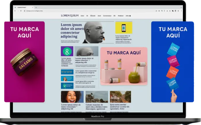 Ejemplo visual de display ads en laptop con formatos publicitarios laterales y centrales.