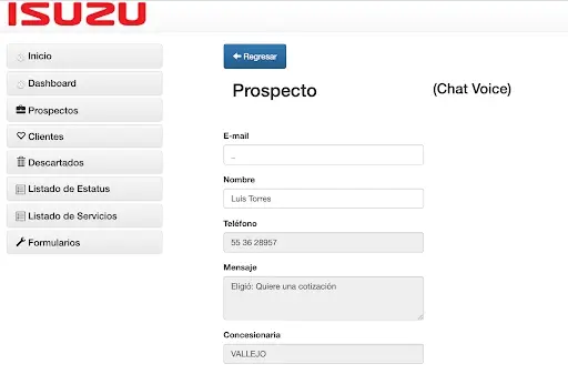 Dashboard CRM de prospectos integrado con Chatvoice para Isuzu