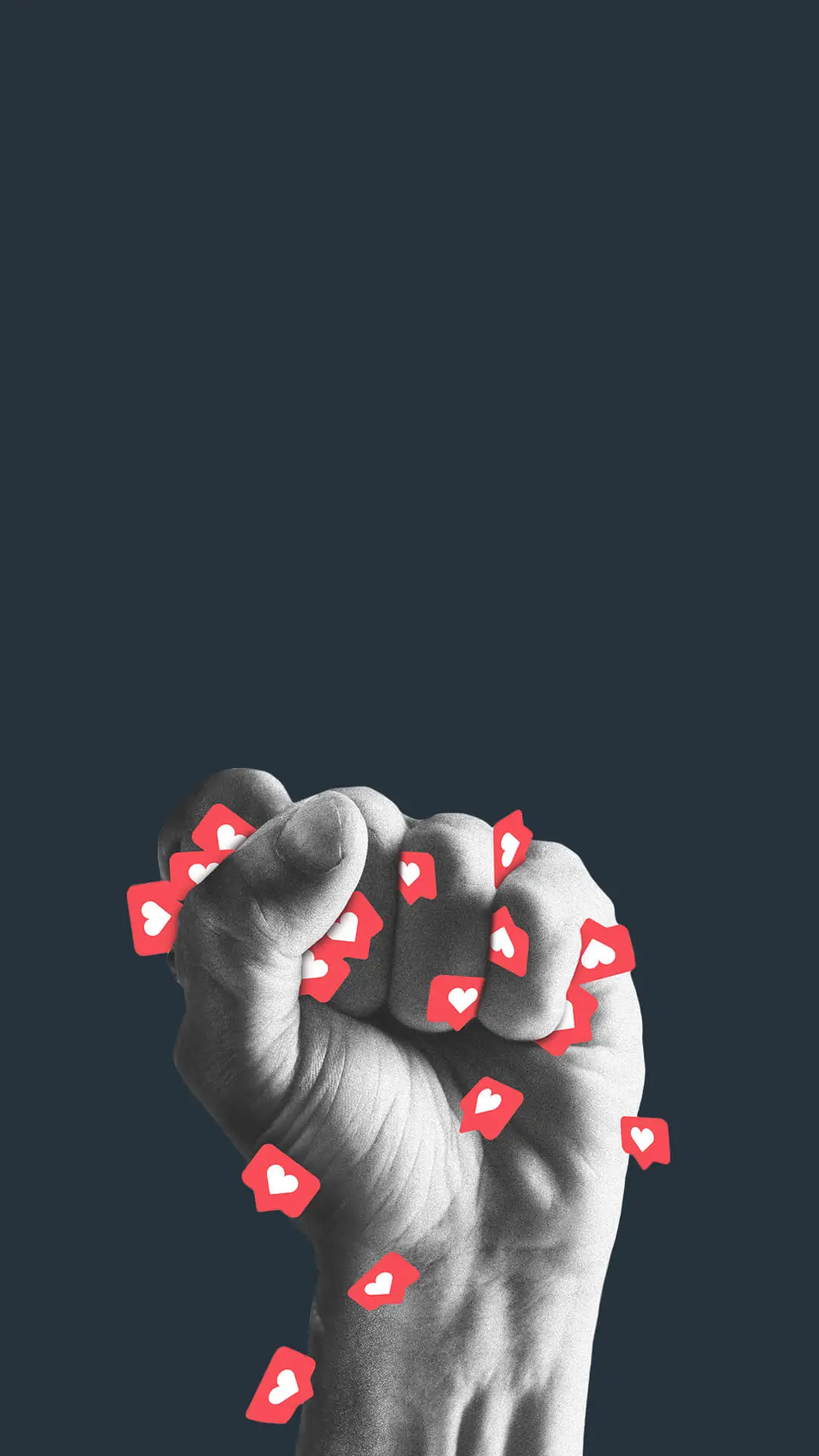 Ilustración de un puño cerrado con íconos de corazón a su alrededor